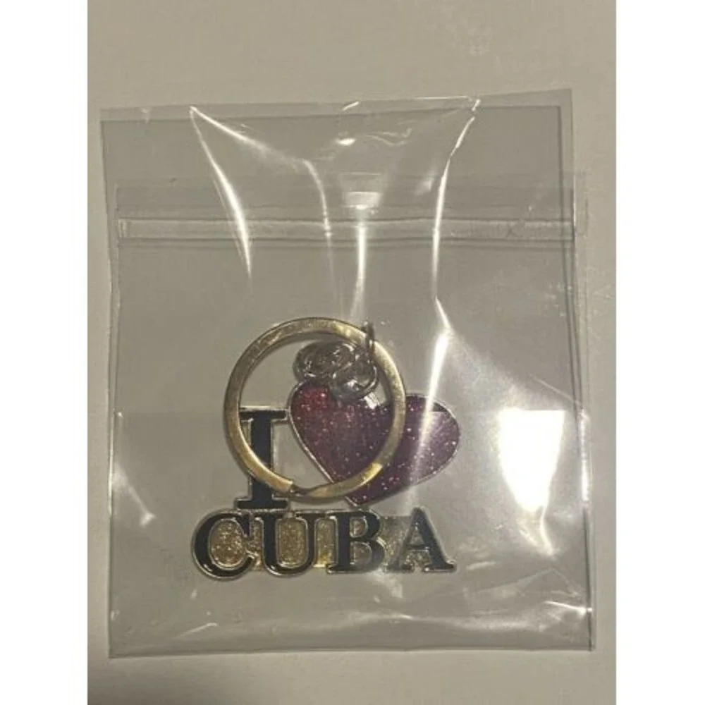 I Love Cuba Keychain with Red Glitter Heart Gold Tone Metal Souvenir Accessory